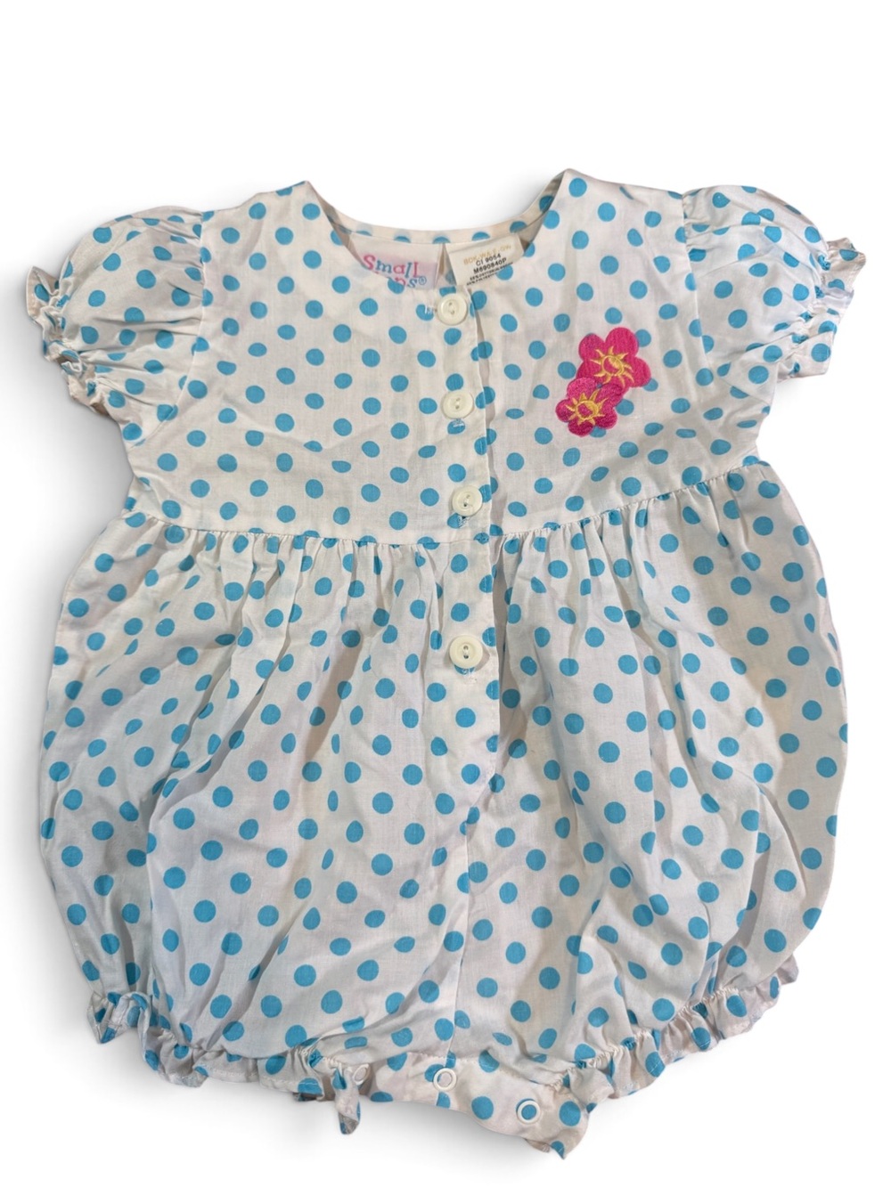 Vintage 90s Small Steps 3-6M Baby Girl Blue Polka Dot Floral Embroidered Bubble